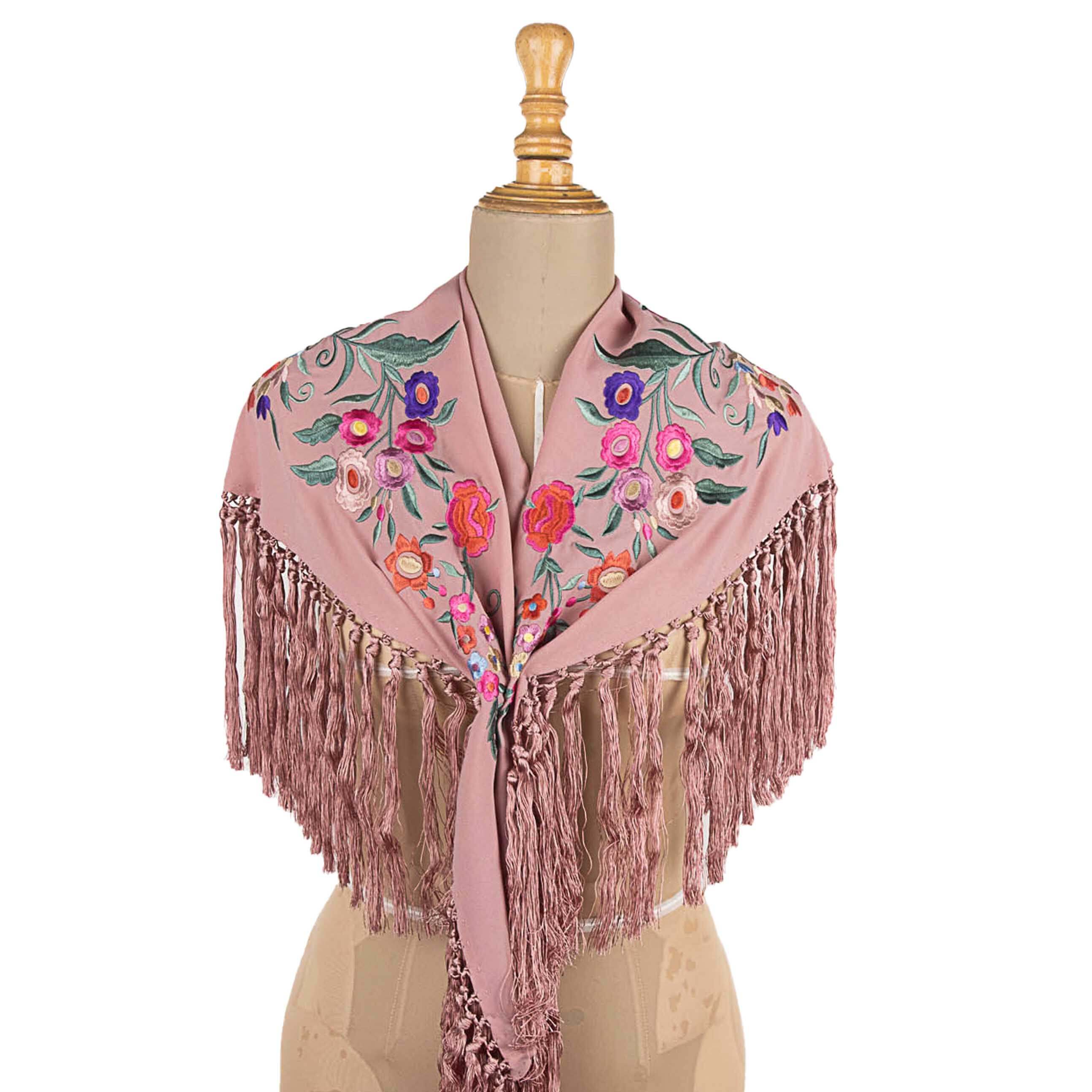 Rhubarb Pink Embroidered Flamenco Shawl - Ribes y Casals