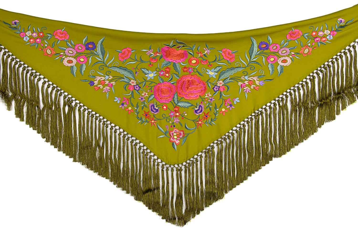 Oil Green Embroidered Flamenco Shawl - Ribes y Casals