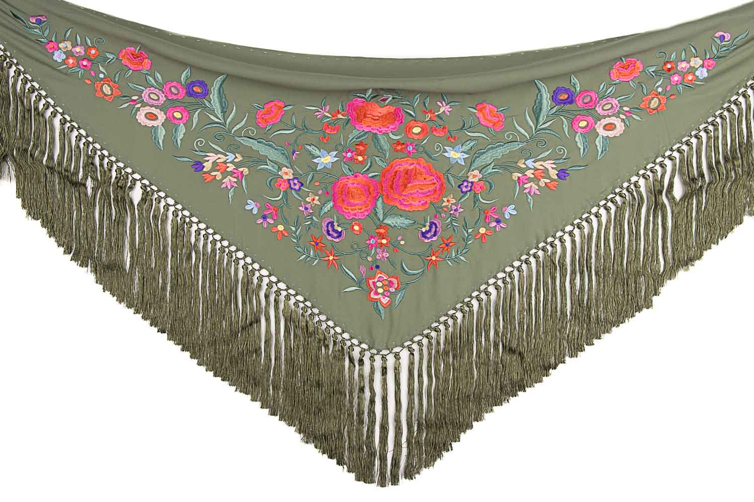 Embroidered Khaki Green Flamenco Shawl - Ribes y Casals
