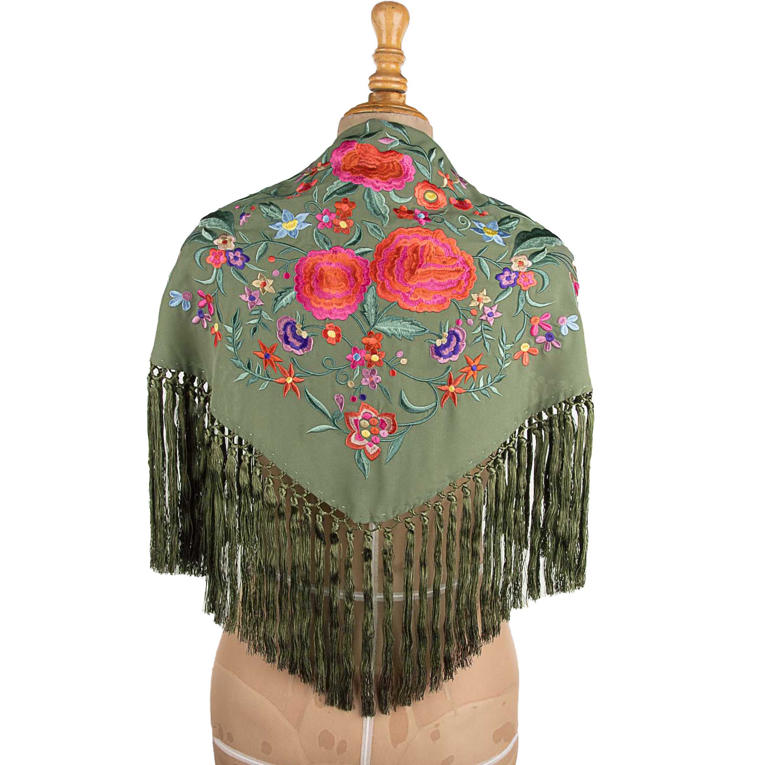 Embroidered Khaki Green Flamenco Shawl - Ribes y Casals