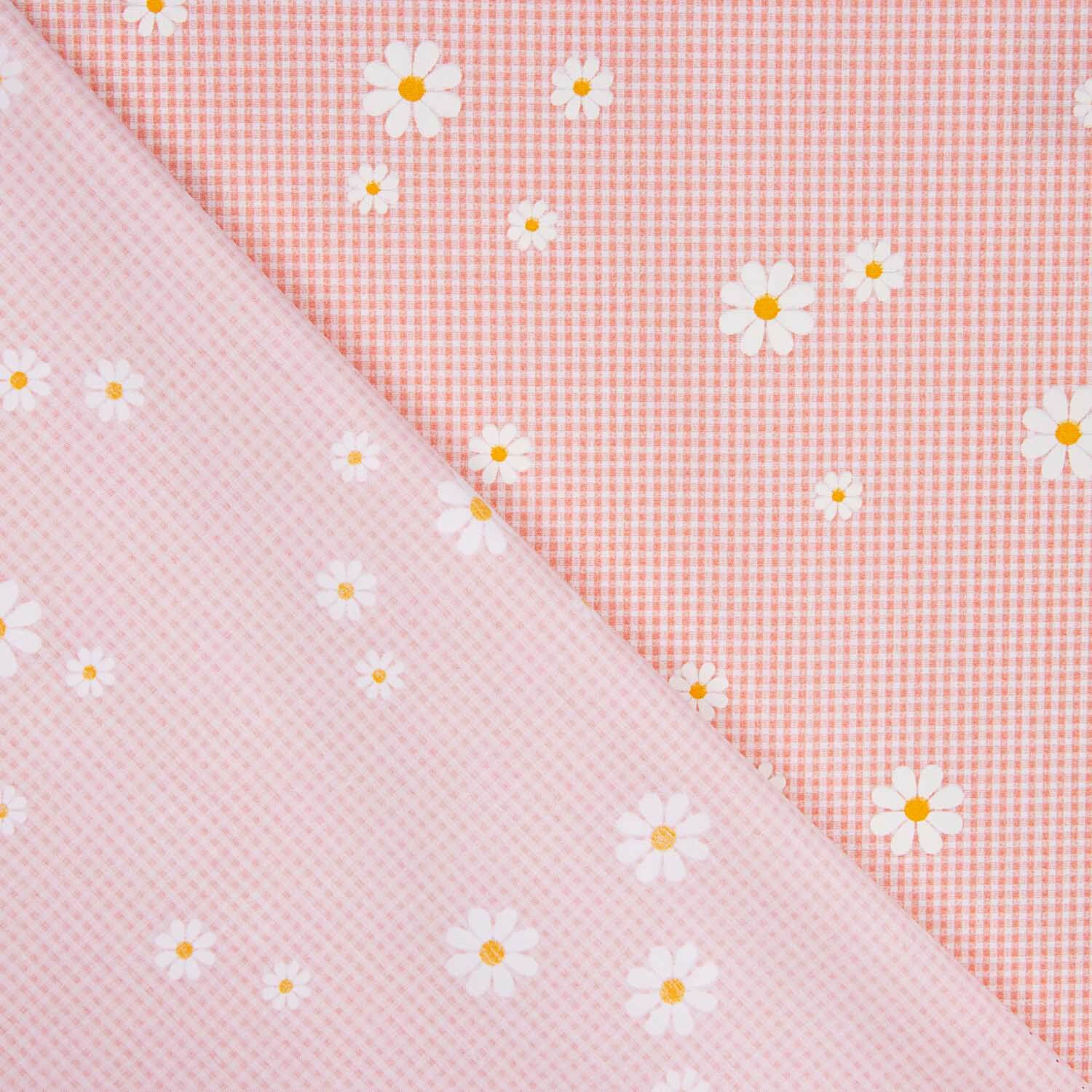Organic Cotton Poplin with Vichy and Daisy Print Coral - Ribes y Casals