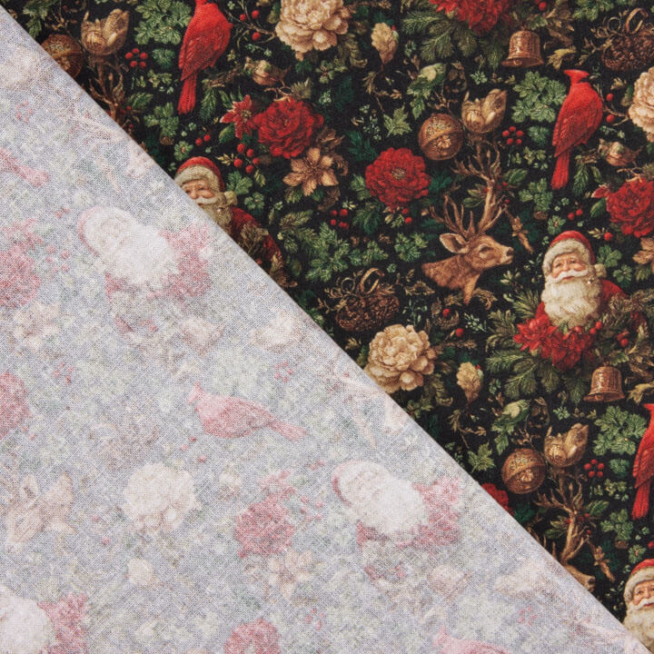 Christmas-themed printed poplin featuring Father Christmas and cardinals - Ribes y Casals