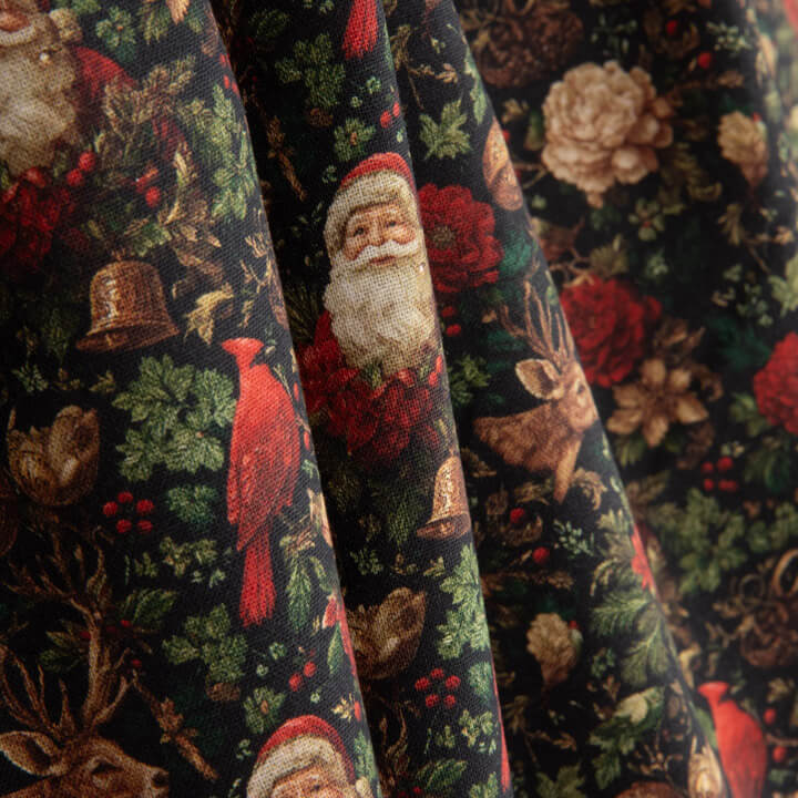 Christmas-themed printed poplin featuring Father Christmas and cardinals - Ribes y Casals
