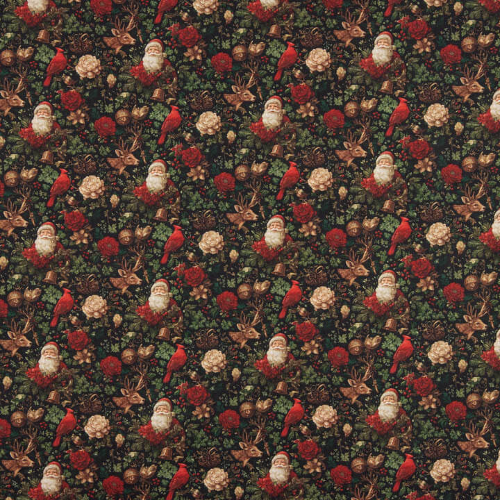 Christmas-themed printed poplin featuring Father Christmas and cardinals - Ribes y Casals