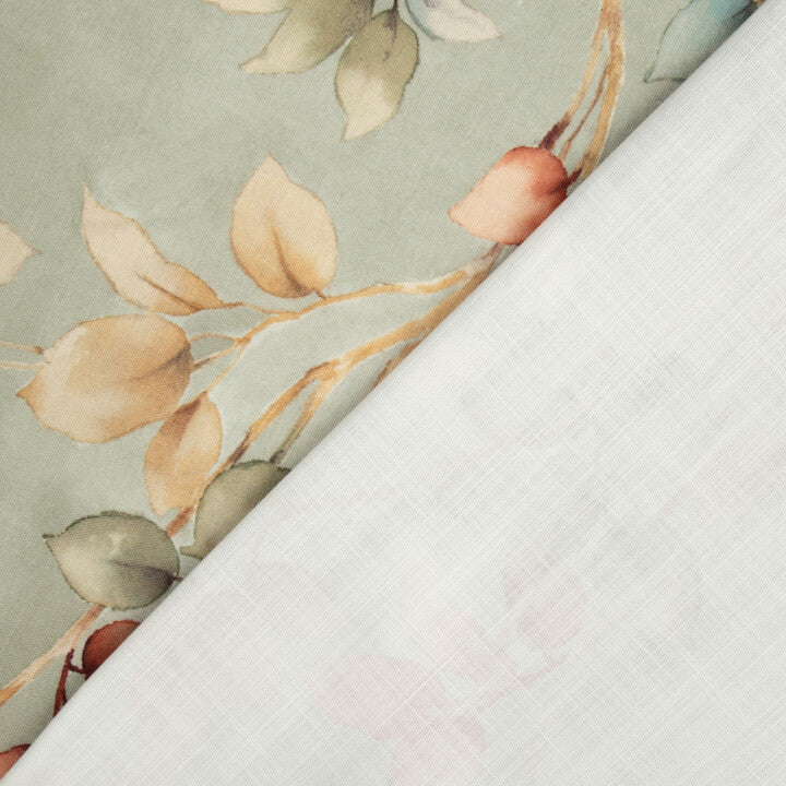 Cotton canvas with linen fabric effect: Autumn Leaves, Sage Green - Ribes y Casals