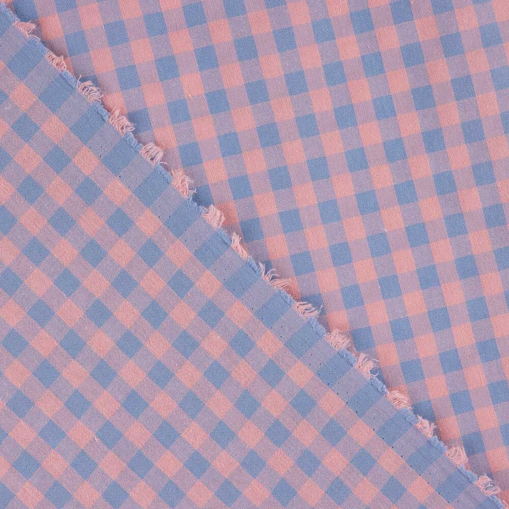 Blue and Pink Checks on Blue Seersucker Poplin - Ribes y Casals
