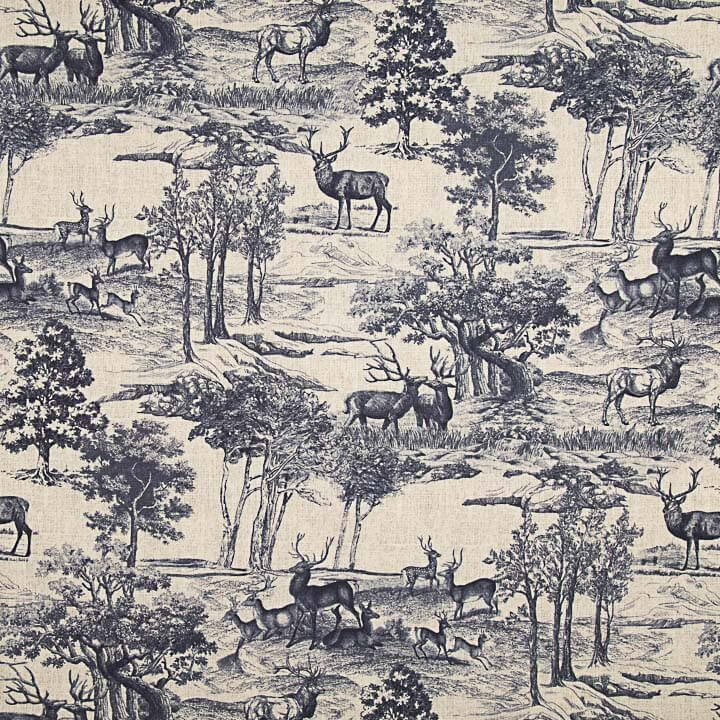 Navy Blue ‘Deer Forest’ Cotton Canvas - Ribes y Casals