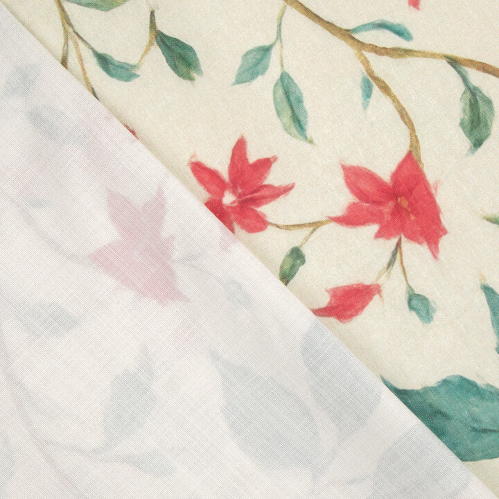 Cotton Canvas with Linen Fabric Effect, Red Garden Watercolour Print - Ribes y Casals
