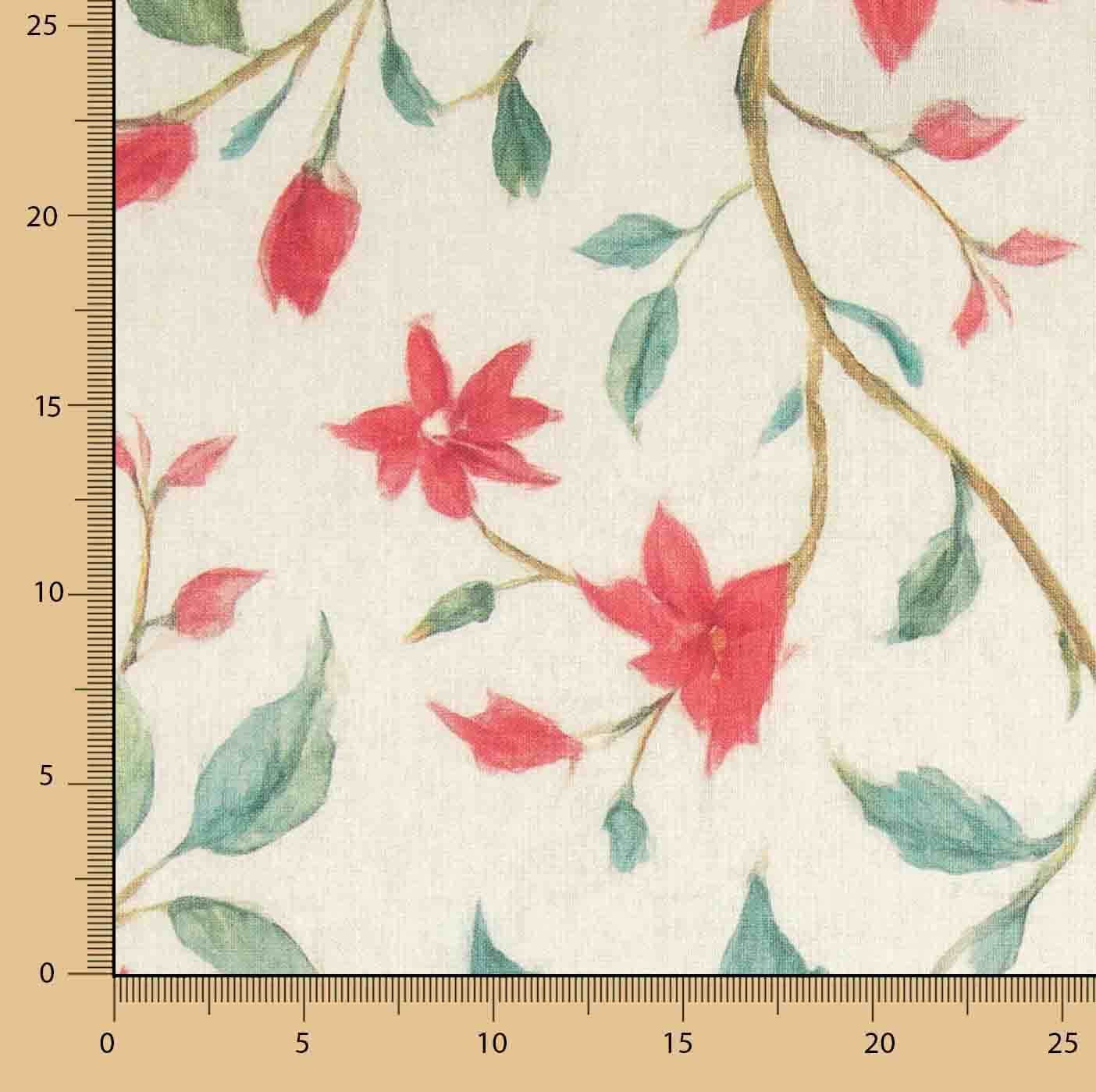 Cotton Canvas with Linen Fabric Effect, Red Garden Watercolour Print - Ribes y Casals