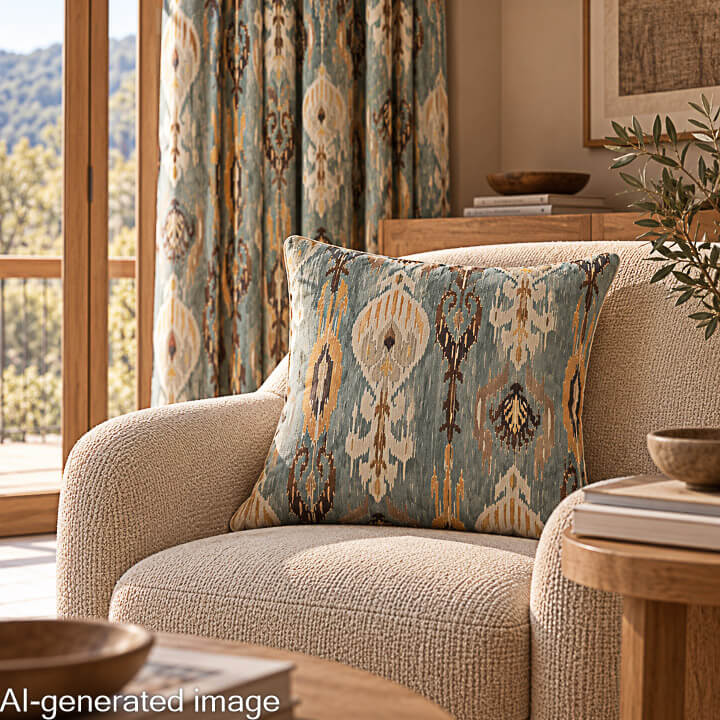Greenish-Blue Oriental Ikat Cotton Canvas with Linen Fabric Effect - Ribes y Casals