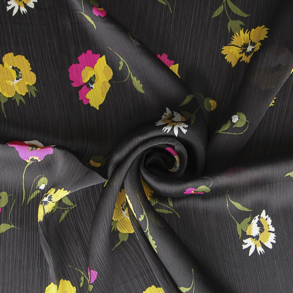 Satin Doube Gauze Black Flowers - Ribes y Casals