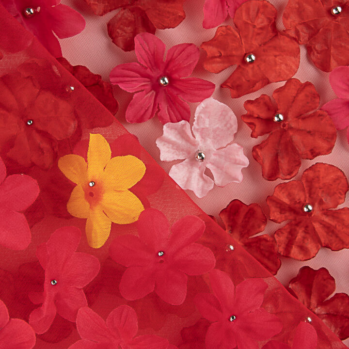 Crimson Red Garden Tulle with 3D Floral Design - Ribes y Casals