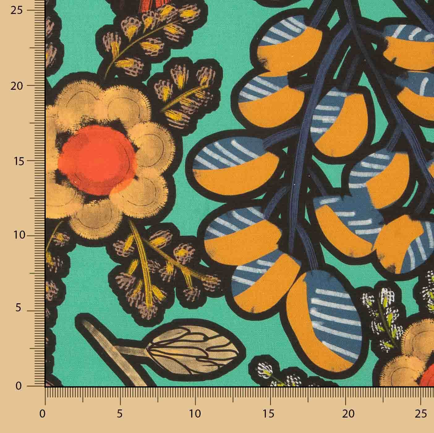 Turquoise Bohemian Jungle Printed Cotton Canvas - Ribes y Casals