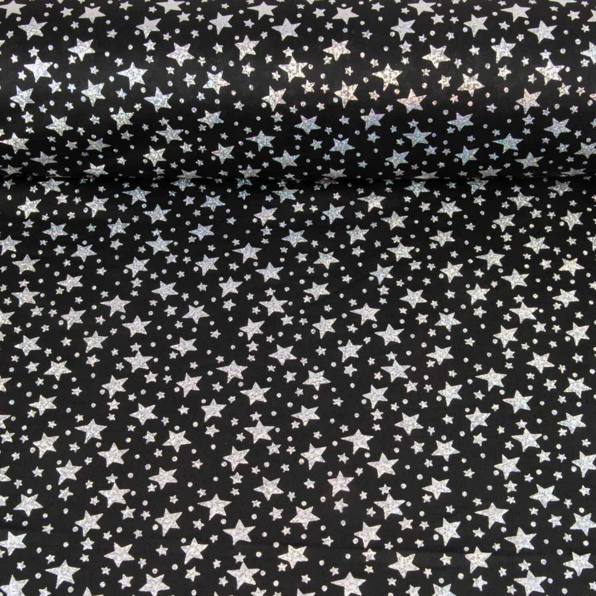 Metallic Printed Stretch Fabric – Iridescent Silver Stars - Ribes y Casals