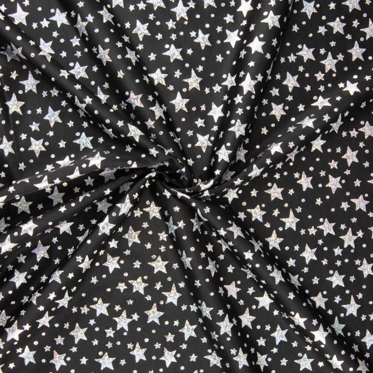 Metallic Printed Stretch Fabric – Iridescent Silver Stars - Ribes y Casals