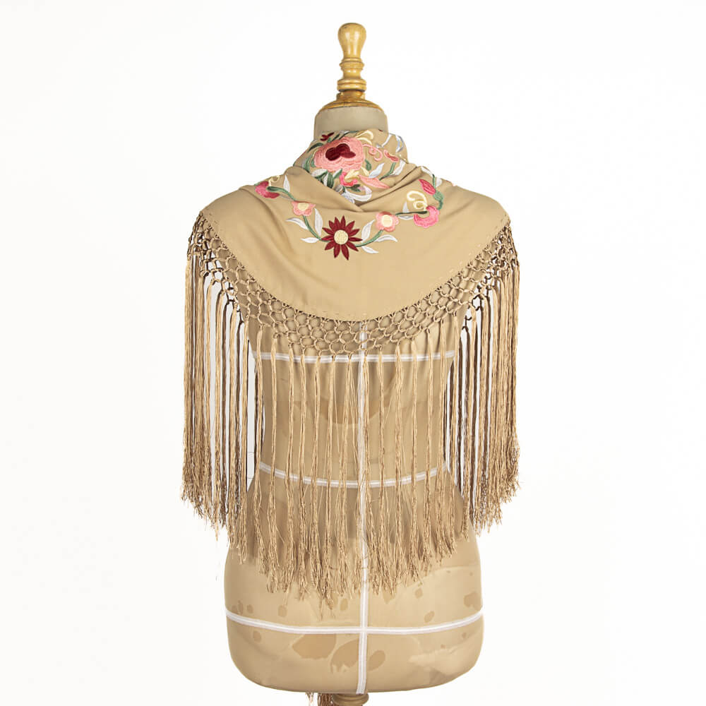 Embroidered Cerro Flamenco Shawl Camel - Ribes y Casals