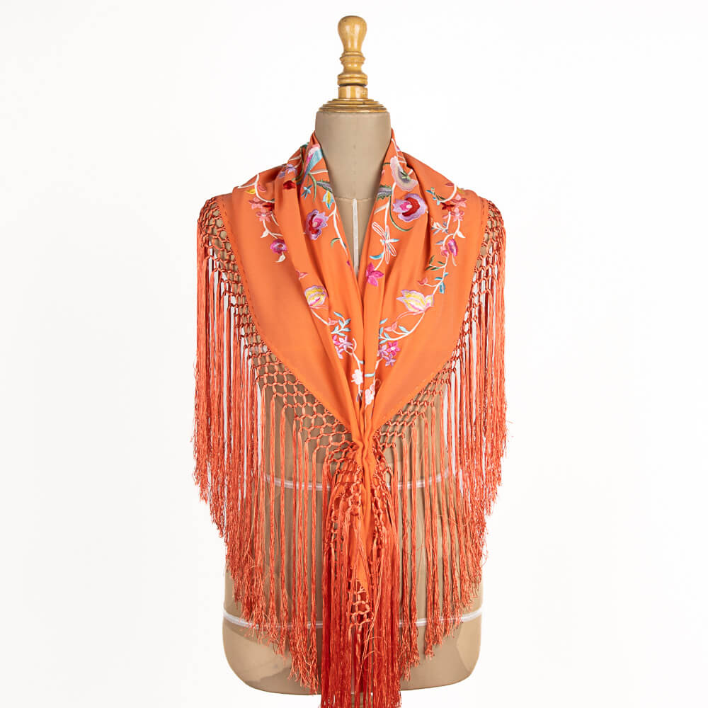 Embroidered Cerro Flamenco Shawl Orange - Ribes y Casals
