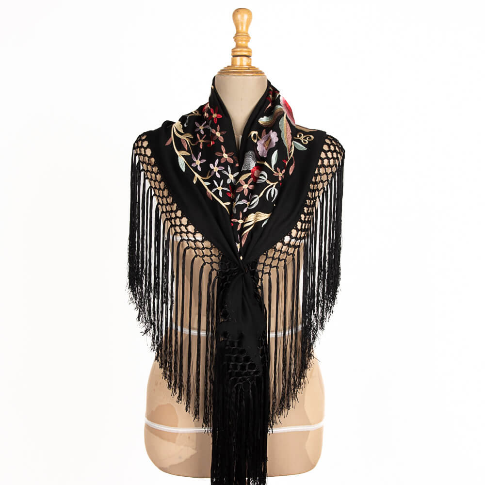 Embroidered Triana Flamenco Shawl Black - Ribes y Casals