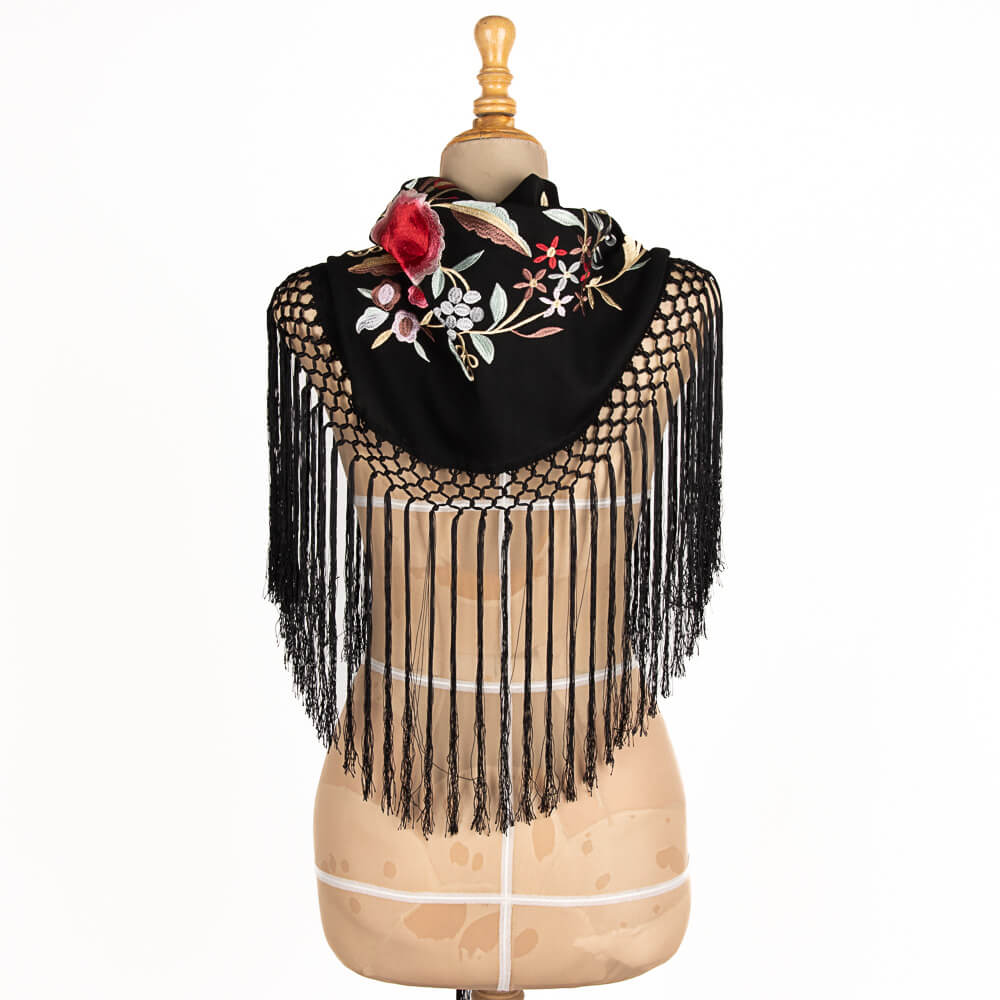 Embroidered Triana Flamenco Shawl Black - Ribes y Casals