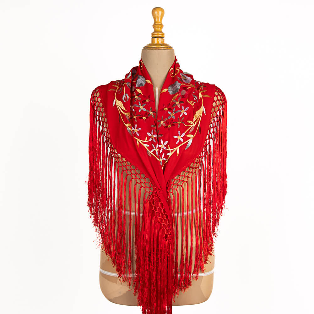 Embroidered Triana Flamenco Shawl Red - Ribes y Casals