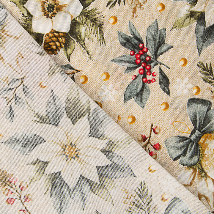 Printed Christmas Cotton Canvas with Floral Designs and Gold Baubles - Ribes y Casals