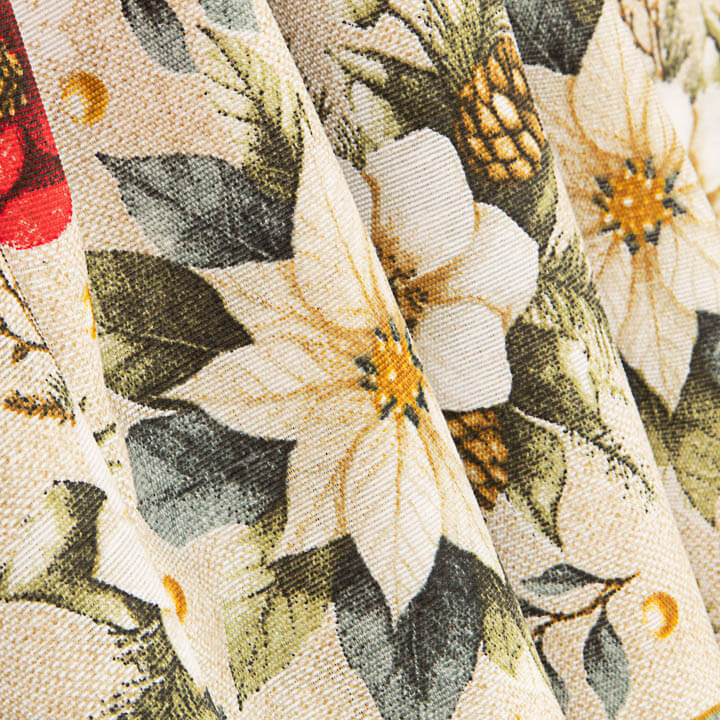 Printed Christmas Cotton Canvas with Floral Designs and Gold Baubles - Ribes y Casals