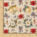 Printed Christmas Cotton Canvas with Floral Designs and Gold Baubles - Ribes y Casals