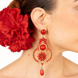Flamenco Earrings with Flower, Hoop, Red Resin, and Gold Accents - Ribes y Casals