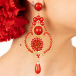 Flamenco Earrings with Flower, Hoop, Red Resin, and Gold Accents - Ribes y Casals