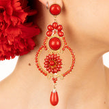 Flamenco Earrings with Flower, Hoop, Red Resin, and Gold Accents - Ribes y Casals