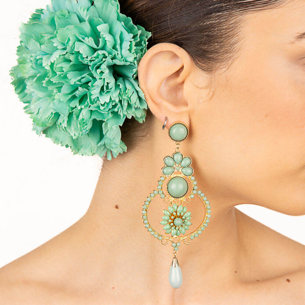 Flamenco Earrings with Flower, Hoop, Green Resin, and Gold Accents - Ribes y Casals