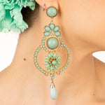 Flamenco Earrings with Flower, Hoop, Green Resin, and Gold Accents - Ribes y Casals