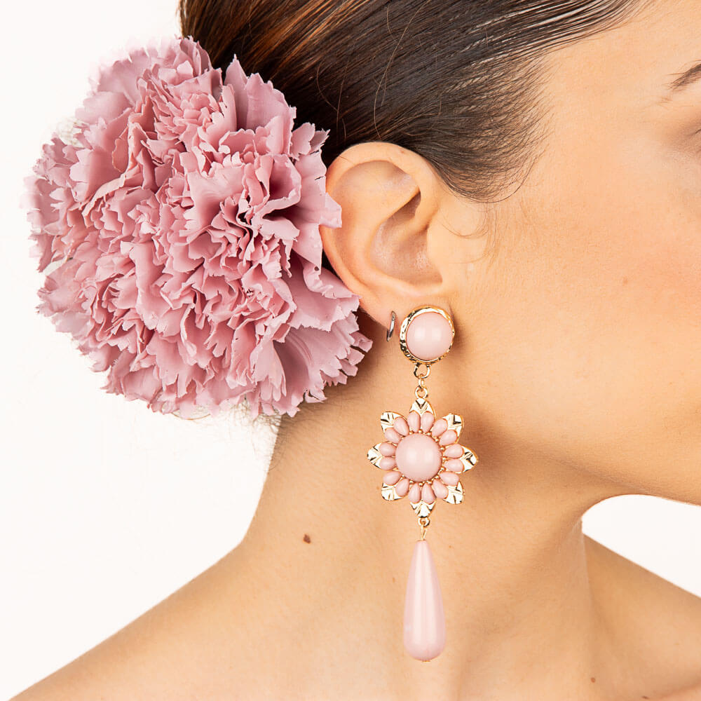 Flamenco Earrings with Pink Flower and Teardrop - Ribes y Casals