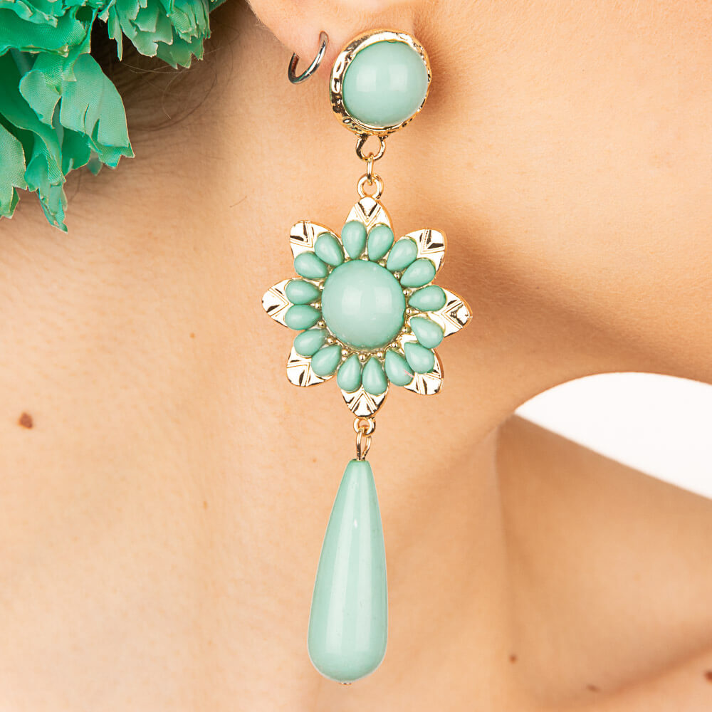 Flamenco Earrings with Green Flower and Teardrop - Ribes y Casals