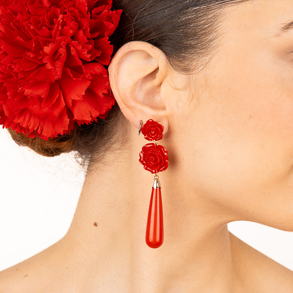 Flamenco Earrings with Rose and Red Teardrop - Ribes y Casals