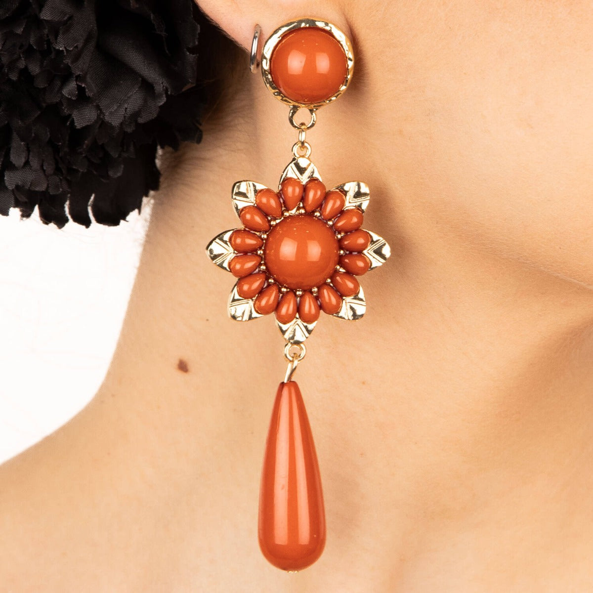 Flamenco Earrings with Coral Flower and Teardrop - Ribes y Casals