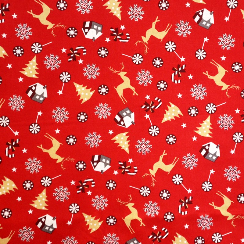 Fabric Christmas Deer Red Background - Ribes y Casals