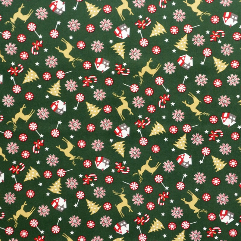 Fabric Christmas Deer Green Background - Ribes y Casals