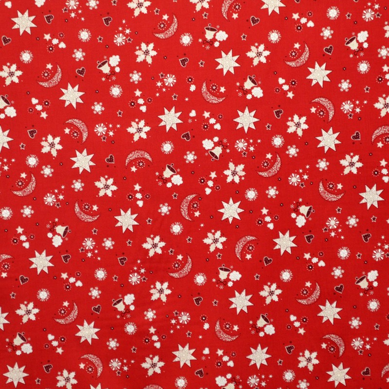 Fabric Christmas Stars Moon Red Background - Ribes y Casals