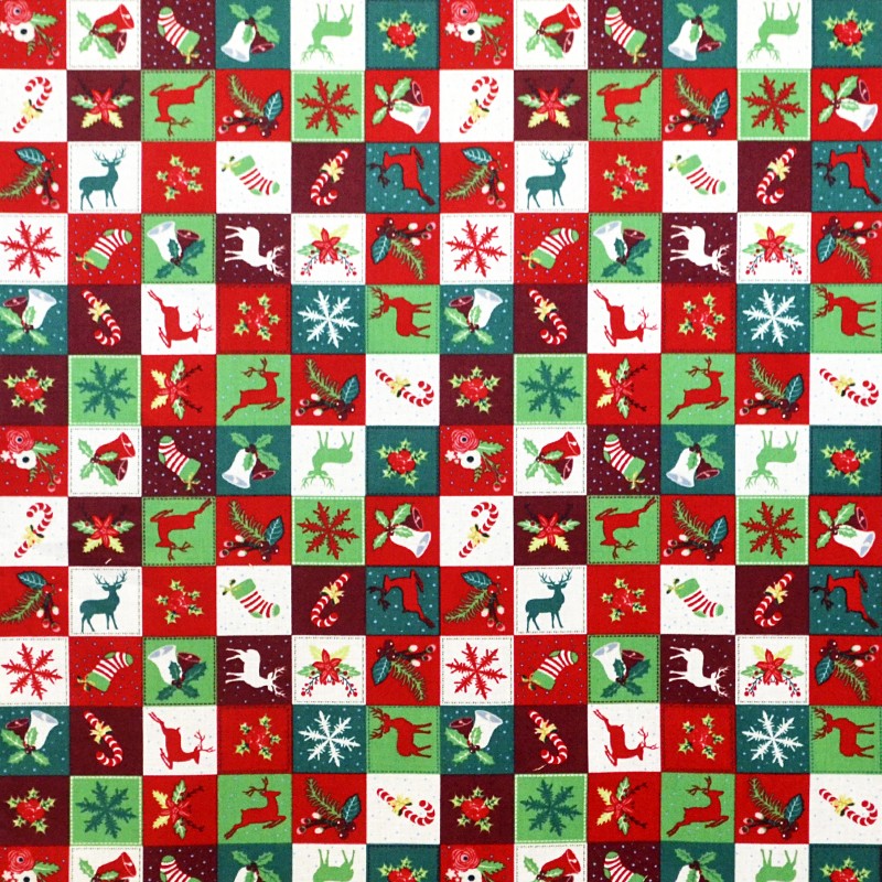 Fabric Christmas Mosaic Green Red - Ribes y Casals