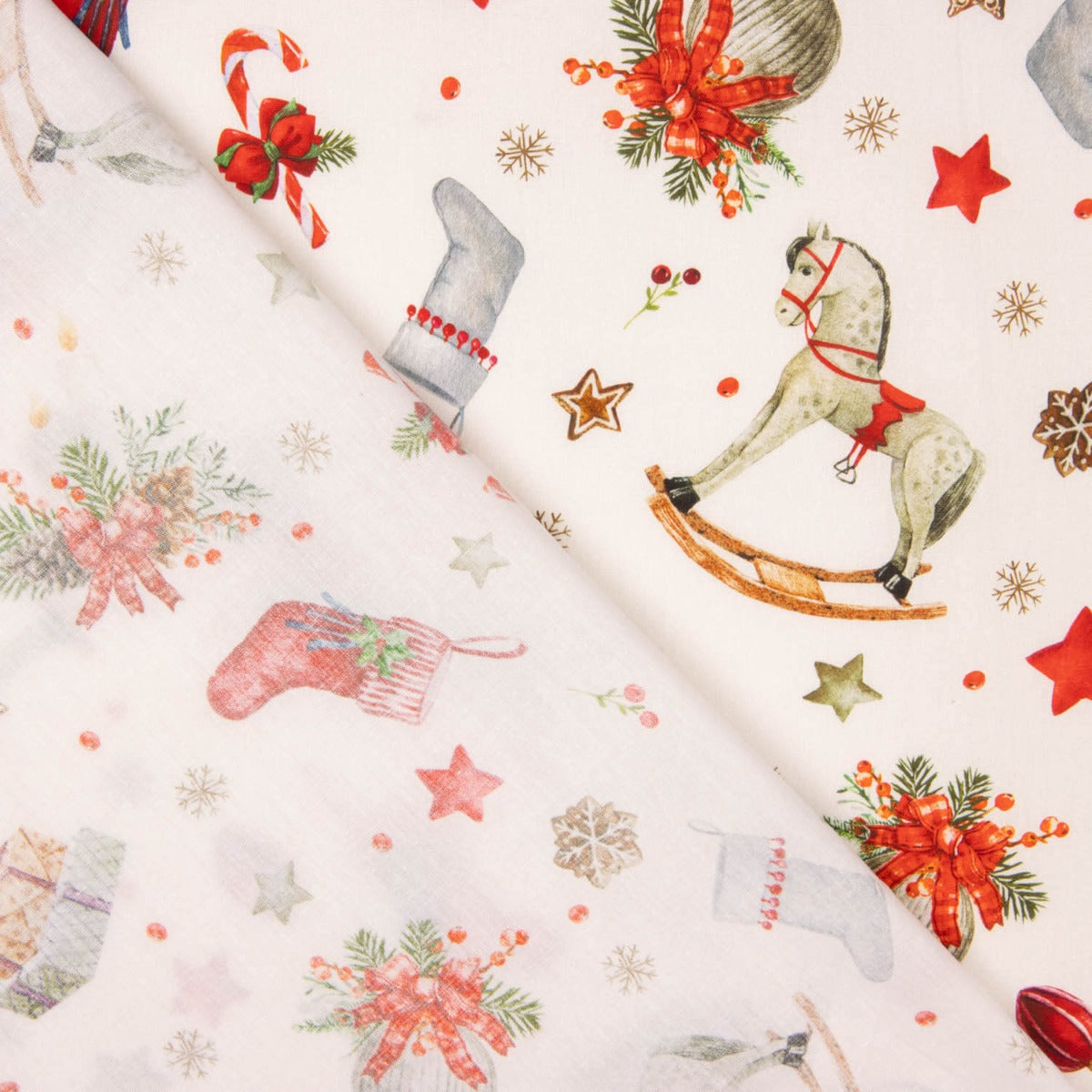 Christmas Poplin – Rocking Horse on White - Ribes y Casals
