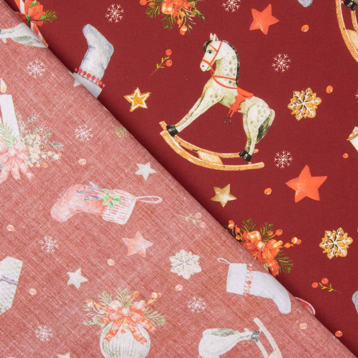 Christmas Poplin – Rocking Horse on Burgundy - Ribes y Casals