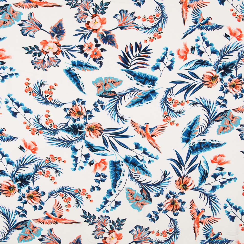 Tropical Parrots White Viscose Knit - Ribes y Casals