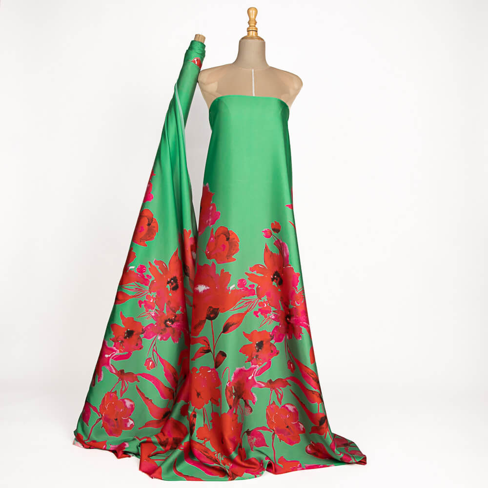 Emerald Green Poppy Printed Satin - Ribes y Casals