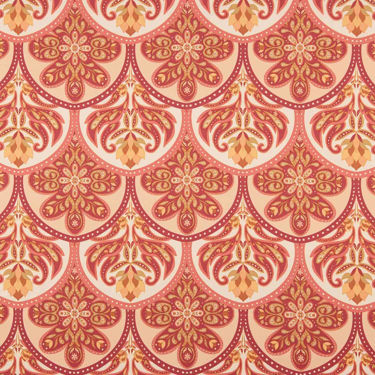 Printed Polyester Satin Fabric with Floral and Geometric Red Design - Ribes y Casals