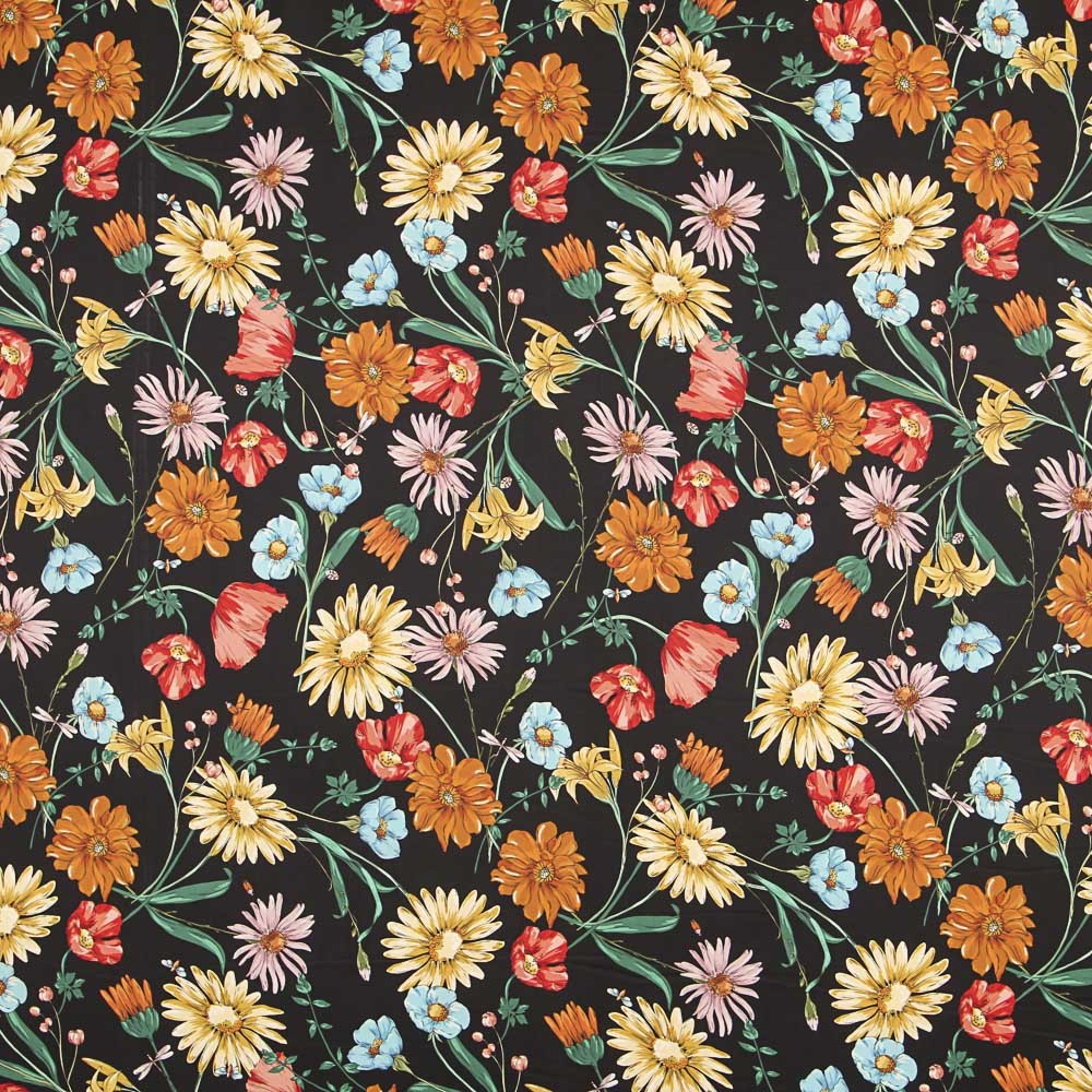 Polyester Satin Black Flowers - Ribes y Casals