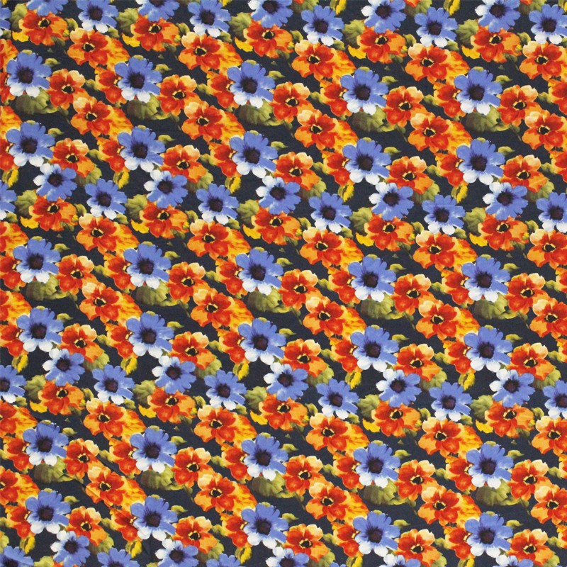Satin Polyester Painted Flower Navy - Ribes y Casals