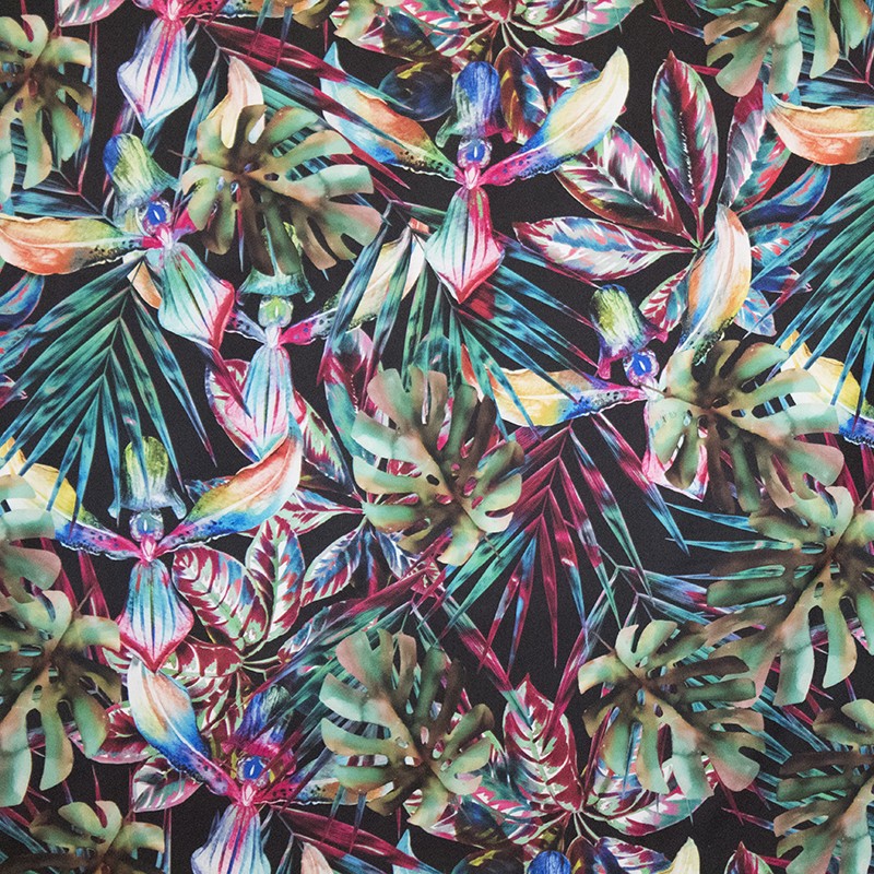 Fabric Satiny Flowers Jungle Black - Ribes y Casals