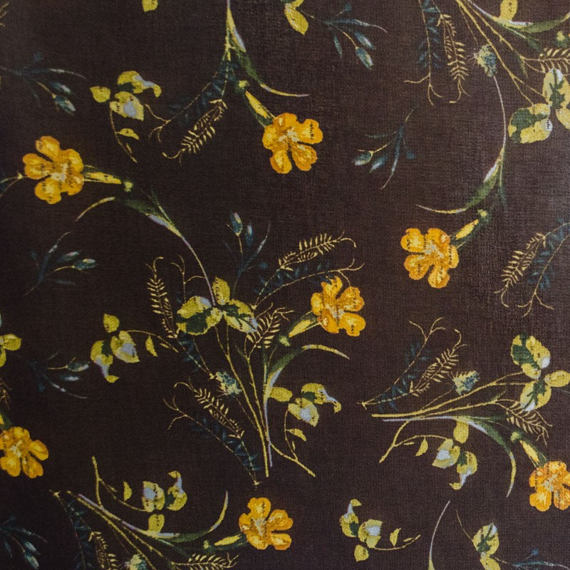 Tela Gasa Flores Fondo Marrón Chocolate - Ribes y Casals