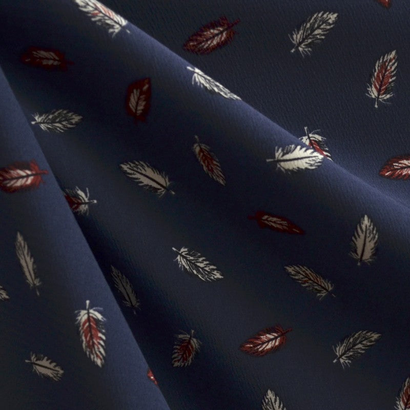Georgette Fabric Feather Print Navy Blue Background - Ribes y Casals